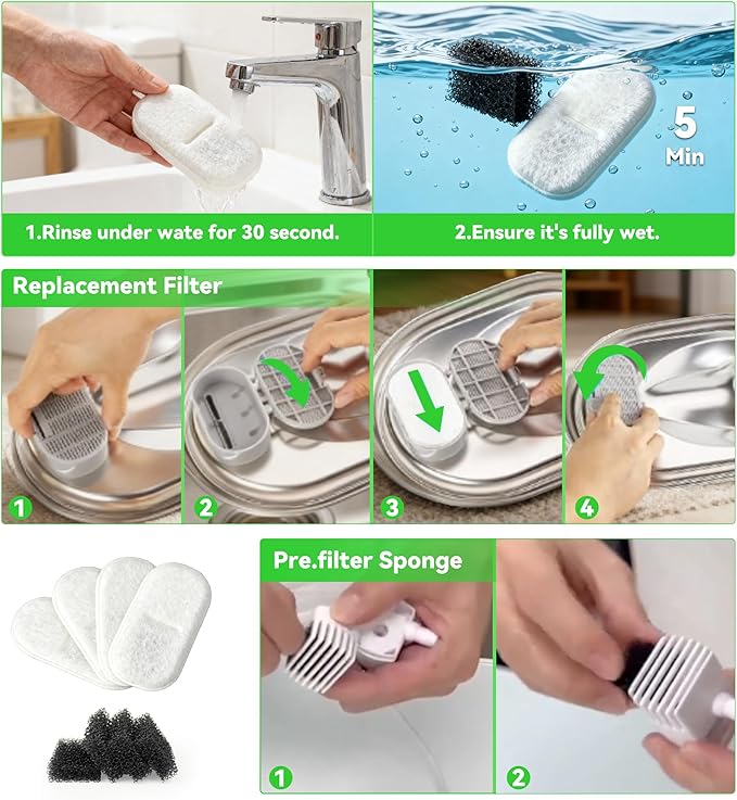Cat Water Fountain Filter Replacement: 4 Carbon Filters & 4 Foam Sponges Kitty Spout Pump Filters for 108Oz/3.2L & 67Oz/2L Stainless Steel Pet Water Dispenser Cat Dog