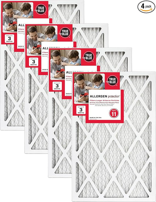True Blue 12x25x1 MERV 11 Allergen Air Filter (4-Pack) | Electrostatic Pleated HVAC Furnace Air Filter | Replacement Filter for Home Use | Made in USA