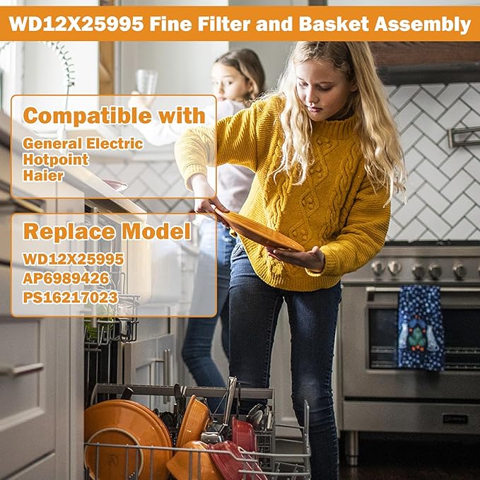 WD12X25995 Dishwasher Ultra Fine Filter and Basket Assembly Compatible With GE Hotpoint Haier dishwashers Replaces PS16217023 AP6989426 4962336 EAP16217023