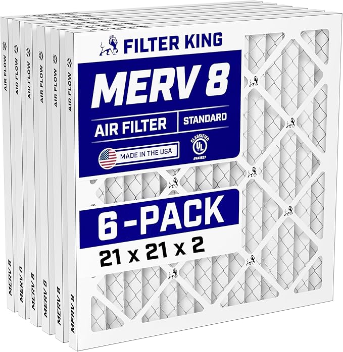 Filter King 21x21x2 Air Filter (MERV 8) (6-Pack) Dust & Allergy Control AC Furnace Filters, MADE IN USA, HVAC, Pleated, Electrostatic (Actual Size: 20.5 x 20.5 x 1.75)