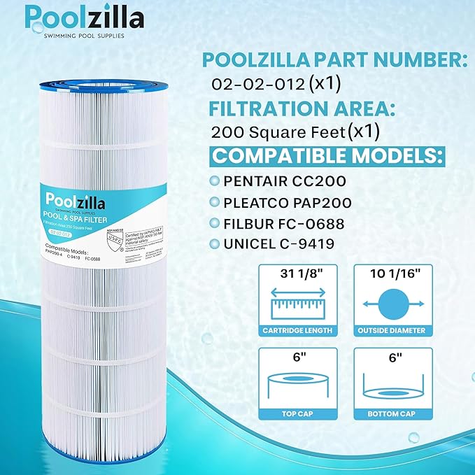 Poolzilla Pool Filter Cartridge, Compatible with PAP200, Pentair CC200, Filbur FC-0688, Unicel C-9419, Aladdin 29902, Baleen AK-8005, PC-0688, R173217, Predator 200 [L x OD: 31 1/8" x 10 1/16'']