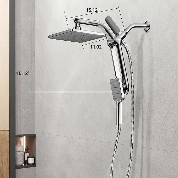 Dual Filtered Rainfall Handheld Shower Head Spray Combo, DAKINGS 7-Mode Shower Head With Handheld Spray Combination, Upgraded 11-Inch High Flow Rain Handheld Spray Combo With Fixed Showerhead, Chrome