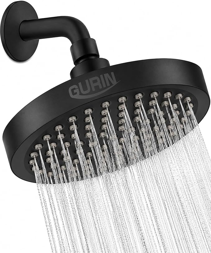GURIN Shower Head - Powerful High Pressure Rain Shower Head 6 Inch - Luxury Rainfall Showerhead with Adjustable Angles, 90 Anti-Clog Nozzles, Tool-Free 1-Min Install, Premium Matte Black Finish