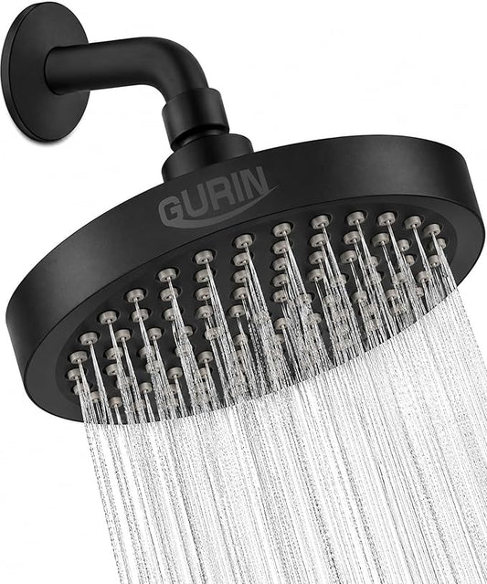 GURIN Shower Head - Powerful High Pressure Rain Shower Head 6 Inch - Luxury Rainfall Showerhead with Adjustable Angles, 90 Anti-Clog Nozzles, Tool-Free 1-Min Install, Premium Matte Black Finish