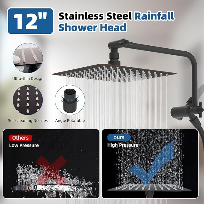 12" All Metal Shower Head, High Pressure 10-Spray Handheld Showerhead Rainfall Shower Head Combo with 11" Adjustable Shower Extension Arm, 71" Hose, Shower Head Holder, Oil Rubbed Bronze