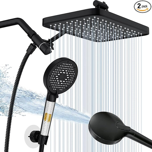 12 Inch Wide Rain Shower Head with Filtered Handheld Combo, High Pressure Rainfall Shower Head, 9 Spray Modes Handheld with 9-Inch Extension Arm, Comes with Filter Removes Chlorine(Black)
