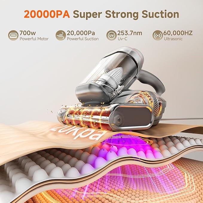 uwant Mattress Vacuum Cleaner 700W 20Kpa, Triple Deep Cleaning Bed Vacuum Cleaner, Bed Cleaner with Aromatherapy Purification, Triple Heating System HEPA Filter&Ultrasonic Mattress Vacuum Set of 1