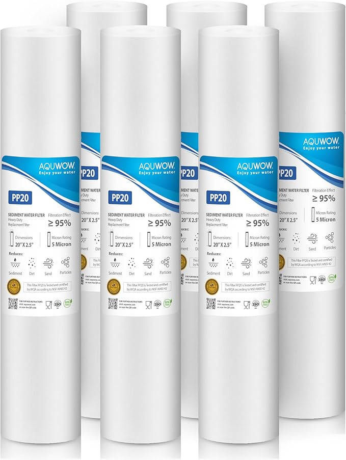 PP20 5 Micron 2.5" x 20" Filter Set – Sediment Replacement Cartridges for Whole House Water Filtration Systems, Universal Standard PP Filters (6, 20 x 2.5)