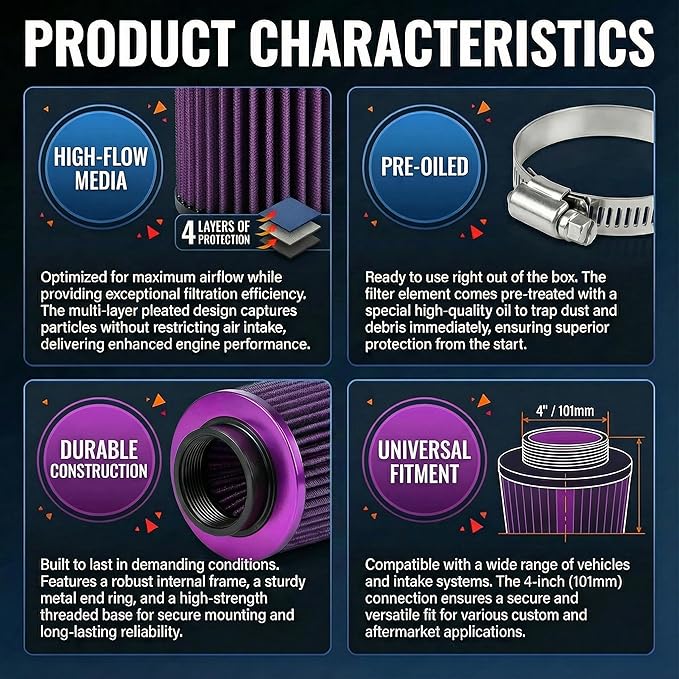 Universal Clamp-On Air Intake Filter, High Performance, Washable Filter, Replacement Air Filter, Flange Diameter 4inch/100mm (Purple)