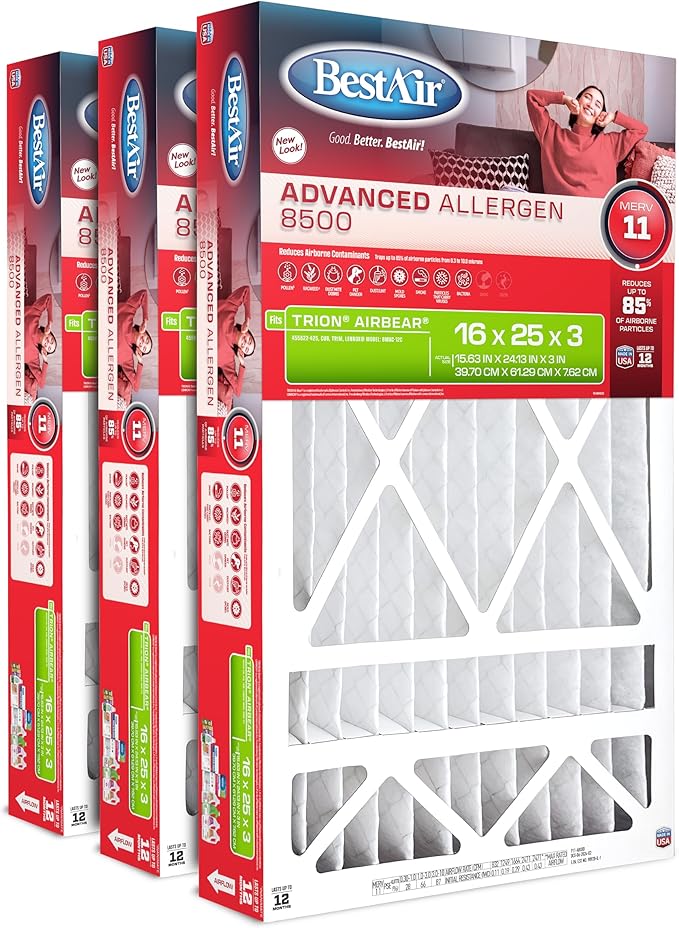 BestAir AB3-1625-11R AC Furnace Air Filter, 16" x 25" x 3", MERV 11, Fits 100%, For Trion Air Bear, Supreme, Skuttle, GeneralAire, Source1 & Ultravation Models, Pack of 3