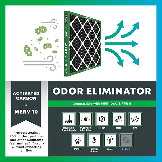 Filterbuy 15x20x1 Air Filter MERV 10 Odor & Allergy Defense with Activated Carbon (2-Pack), Electrostatic Pleated HVAC AC Furnace Filters Replacement, Made in USA (Actual Size: 14.50 x 19.50 x 0.75)