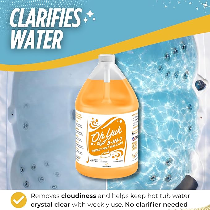 Oh Yuk 5-in-1 Hot Tub Chemicals Weekly Care– Hot tub Clarifier, Spa Cleaner, Water Conditioner – Helps Control Water Balance & Combat Buildup – Spa Care Chemicals for All Types of Hot tubs - 1 Gallon