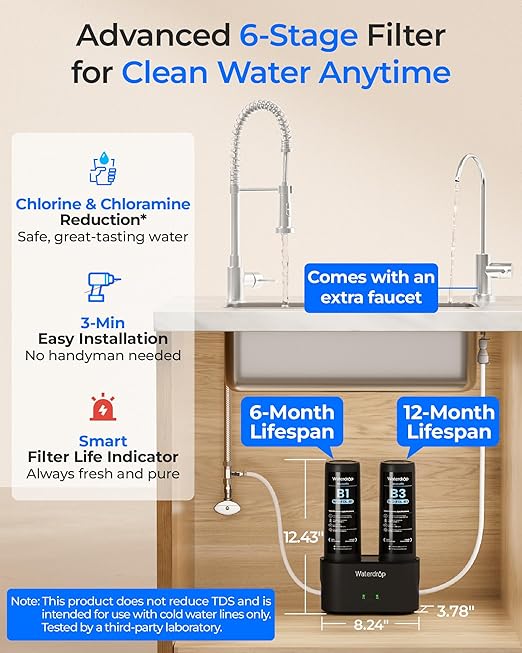 Waterdrop DLB Under Sink Water Filter, Reduces Chlorine, Chloramine, PFAS, Bad Taste, Under Sink Water Filtration System with Separate Faucet,Water Filter for Sink Faucet,Life Indicator, 2 Stage