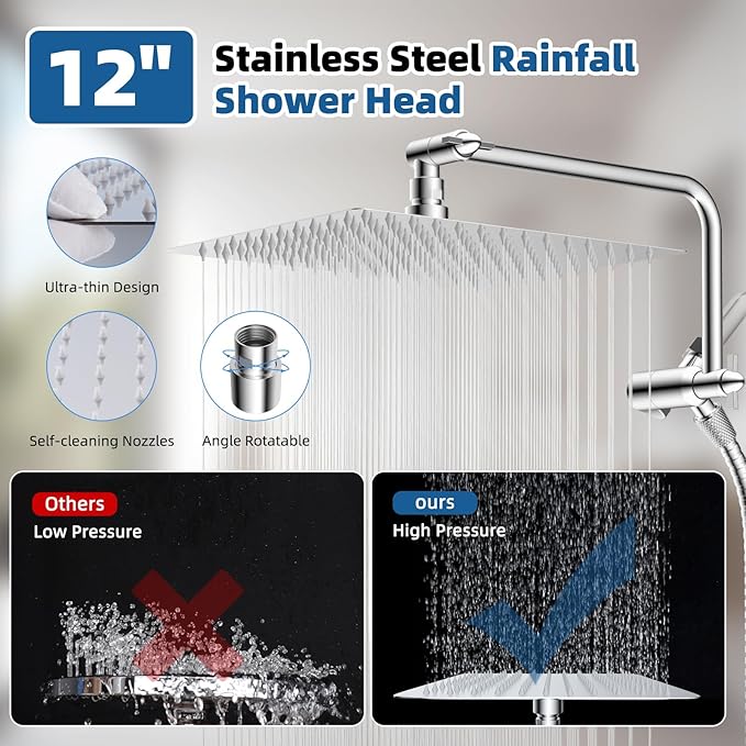 12" All Metal Shower Head, High Pressure Rainfall Shower Head/Handheld Showerhead Combo with 11" Adjustable Shower Extension Arm, 71" Hose, Shower Head Holder, Chrome