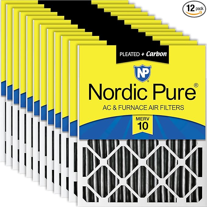 Nordic Pure 20x20x2 (Actual Size: 19 1/2 x 19 1/2 x 1 3/4) Furnace Air Filters MERV 10 Pleated Plus Carbon 12 Pack