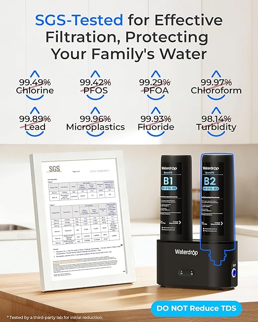 Waterdrop DLA Under Sink Water Filter, No Drill Required, Reduces Chlorine, PFAS, Bad Taste/Odor, Under Sink Water Filtration System, Filter Life Indicator, 2 Stage, Easy Installation