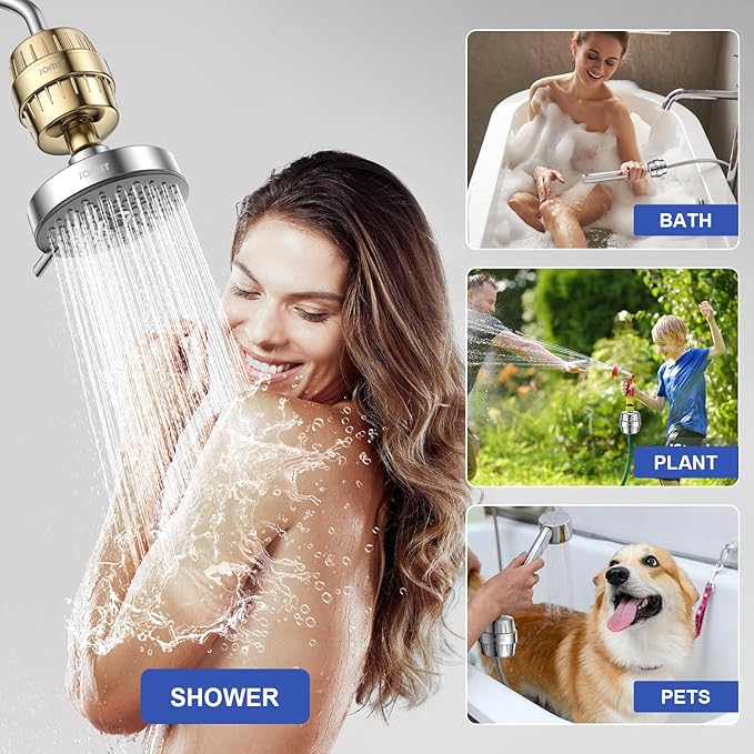 25 Stages Shower Filter with 3 Cores - Maximize Shower Sediment Filtration & Reduce 97.45% Chlorine in Shower Water - For Softer Skin & Shinier Hair - Gold