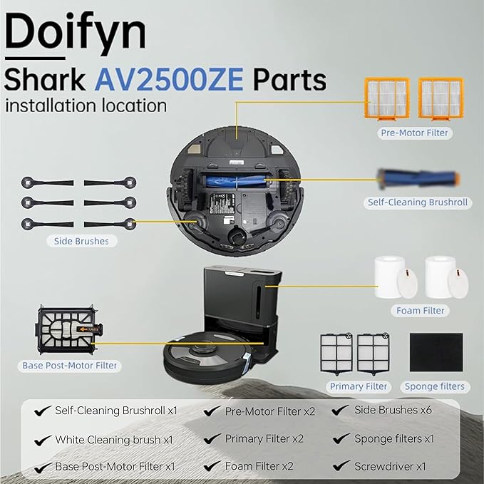 Replacement Parts Compatible with Shark AI AV2501S AV2511AE AV2501AE RV2502AE RV2610WA AV2510AOUS RV2520AOUS Robot Vacuum Cleaner, 2Main Brush, 4 motor pre-filters, 4Foam Filters, 8Side Brushes