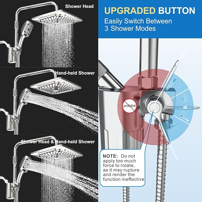 ELLO&ALLO Filtered Rain Shower Head with Handheld Spray, Rainfall Shower Head Combo with 59" Hose, Dual Showerhead Set with Adjustable Shower Extension Arm, Chrome