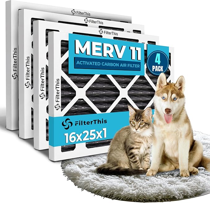 16x25x1 Air Filter MERV 11 Activated Carbon — Pet Dander & Dust Defense, Pollen, Smoke, Allergy Protection — Electrostatic Pleated HVAC AC Furnace Filter Replacement (4-Pack)