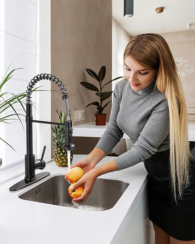Kitchen Faucet with Pull Down Sprayer: Oil Rubbed Bronze 3-Function Kitchen Sink Faucets for 1 or 3 Hole - Stainless Steel Single Handle Spring Kitchen Faucets with Deck Plate for Farmhouse RV Laundry