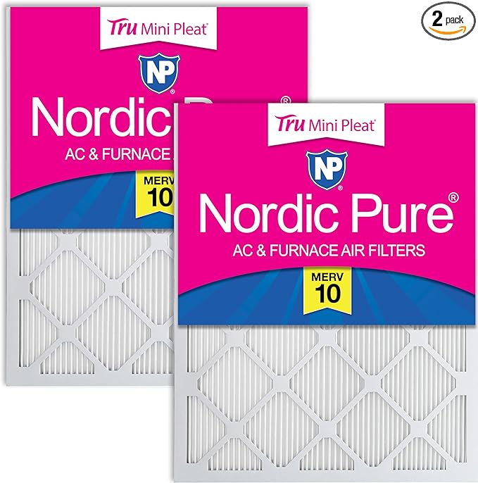 Nordic Pure 24x24x1 (Actual Size: 23 3/8 x 23 3/8 x 3/4) Tru Mini Pleat MERV 10 AC Furnace Air Filters – 2.5X More Media for Longer-Lasting, High-Efficiency Filtration - 2 Pack