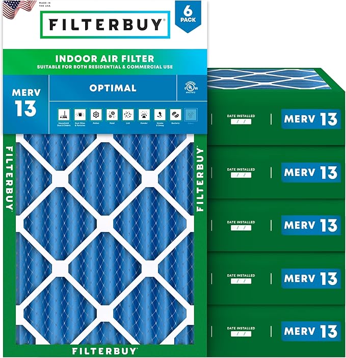 Filterbuy 20x30x4 Air Filter MERV 13 Optimal Smoke & Allergy Defense (6-Pack), Electrostatic Pleated HVAC AC Furnace Filters Replacement, Made in USA (Actual Size: 19.50 x 29.50 x 3.63)