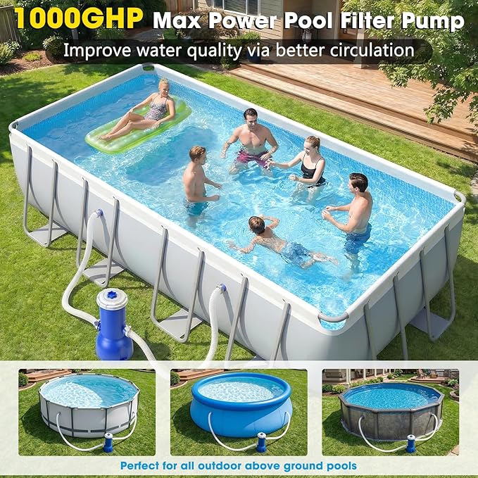 Pool Pumps Above Ground, 1000 Gallon Pool Filter Pump – Powerful Pools Filter Cartridge with Circulation System & Safety Filtration – Quickly Get Crystal Clear Water for with Filters Pumps