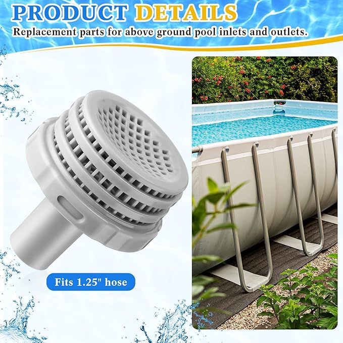 Pushglossy 1 Set Swimming Pool Water Jet Connectors Replacement Parts Kit with Pool Inlet and Outlet Strainers & Filter Hole Plugs for 25022e, 1.25 Inch Fittings, Above Ground Pools (Gray)