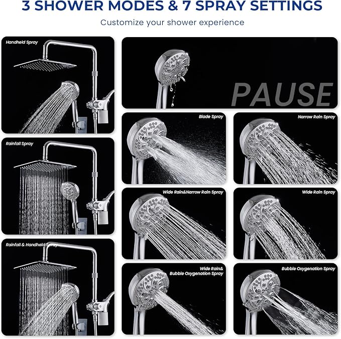 Ryamen Upgraded Dual Shower Heads Combo, 10 inch Filtered Shower Head with Handheld, 3-Way Rain Shower Head with Filters, 7 Settings Handheld Spray, High Pressure, Height Adjustable (Silver)