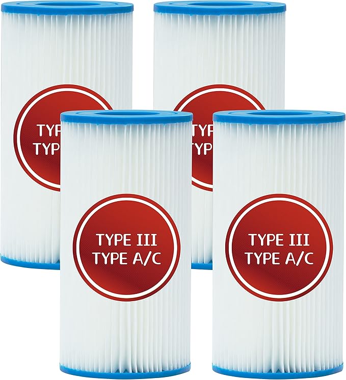 Pool Filter Type A or C, Replacement Cartridge Type III for Swimming Pool Filter Pump, Cartridge Filter Pump Models #28633EG (4 Pack)