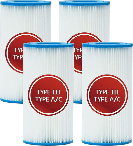 Pool Filter Type A or C, Replacement Cartridge Type III for Swimming Pool Filter Pump, Cartridge Filter Pump Models #28633EG (4 Pack)