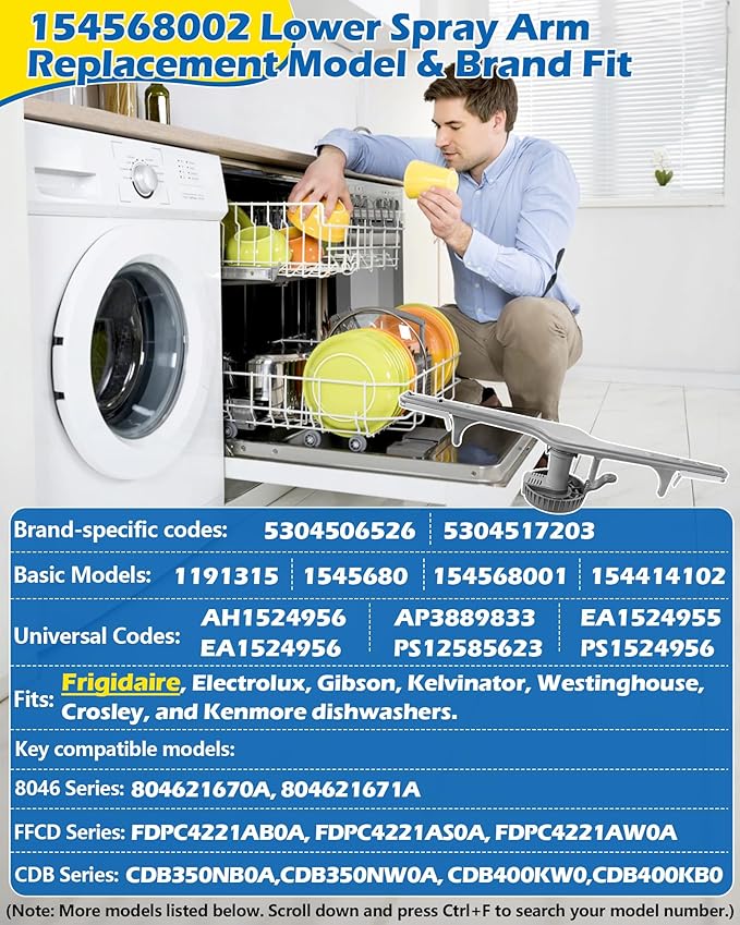 154568002 Dishwasher Lower Spray Arm -Complete with 5304518968 Support & 5304506518 Filter-Compatible with Frigidaire Electrolux Dishwasher Bottom Lower Spray Arm 5304517203 154250901 154414101