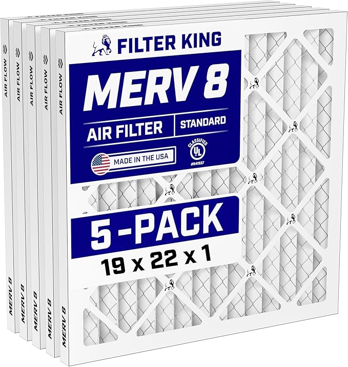 Filter King 19x22x1 Air Filter (MERV 8) (5-Pack) Dust & Allergy Control AC Furnace Filters, MADE IN USA, HVAC, Pleated, Electrostatic (Actual Size: 19 x 22 x .75)