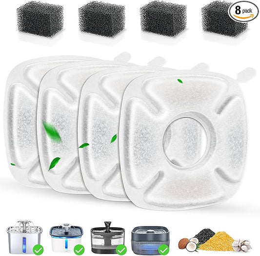 8 Pack Cat Water Fountain Replacement Filter, 4 Pcs Cat Fountain Filters & 4 Pcs Pre-Filter Sponges for 95oz/2.8L 135oz/4L 67oz/2L Automatic Pet Cats Dog Water Fountain Dispenser Filters