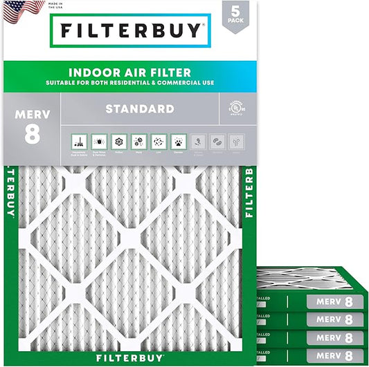 Filterbuy 22x24x1 Air Filter MERV 8 Essential Dust & Allergy Defense (5-Pack), Electrostatic Pleated HVAC AC Furnace Filters Replacement, Made in USA (Actual Size: 21.50 x 23.50 x 0.75)