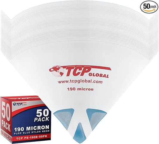 TCP Global - 190 Micron Filter Tips Ultra-Fine Paint Strainer (50 Pack) - Pure Blue Nylon Mesh Cone Strainer - Paint Filter Cones for Auto, House & Hobby