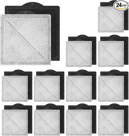 24 Pcs Cat Water Fountain Replacement Filter Compatible with Petsafe Premier, Outlast Pumpless, Ion-X & Viva Pet Water Fountain, Double Filtration, Square (Black)