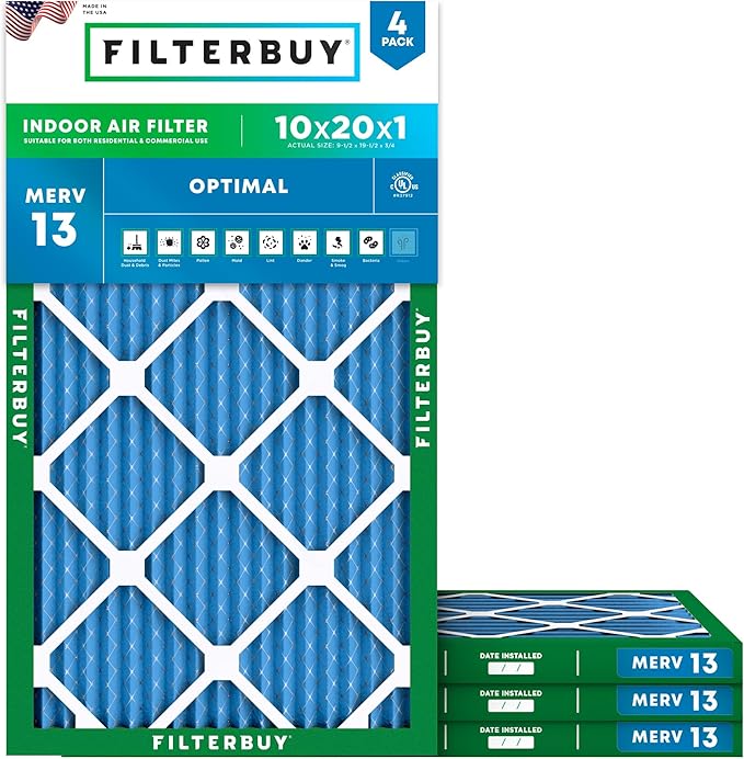 Filterbuy 10x20x1 Air Filter MERV 13 Optimal Smoke & Allergy Defense (4-Pack), Electrostatic Pleated HVAC AC Furnace Filters Replacement, Made in USA (Actual Size: 9.50 x 19.50 x 0.75)
