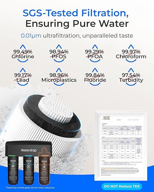 Waterdrop TSB-UF 0.01 μm Ultra Filtration Under Sink Water Filter System, 9 Layer Under Sink Water Filtration System, Reduces Chlorine, Fluoride, Taste&Odor, with Dedicated Faucet, Easy Installation