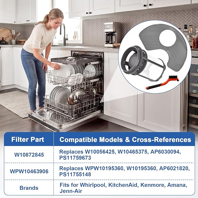 BigHead W10872845 Dishwasher Pump Filter Cup & WPW10463906 Screen Filter with Red Cleaning Brush Compatible with Whirlpool Kenmore KitchenAid Amana - Replaces AP6030094 PS11759673 AP6021820 PS11755148