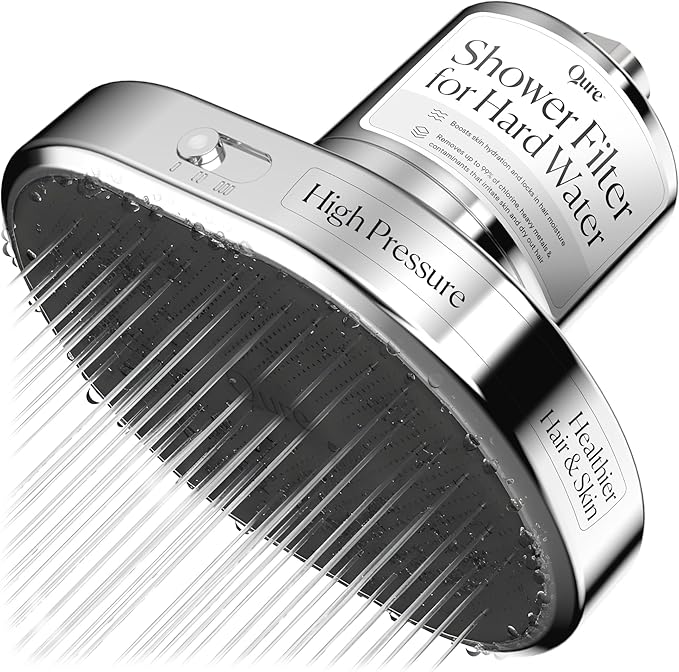 Qure Shower Filter Head for Hard Water, healthier Hair, Skin & Nails, Reduces 99% Chlorine, High Pressure Showerhead, Improve your Beauty and Skincare Routine, Dermatologist-approved - Silver
