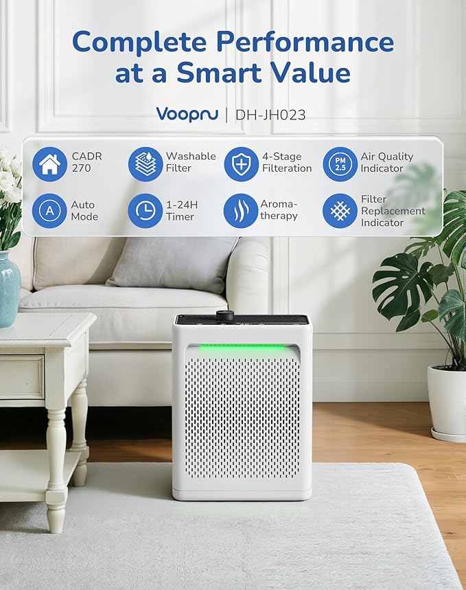 Air Purifier for Home Large Room, CADR 270 Powerful Bedroom Air Cleaner|Washable Pre-Filter, High Efficiency Filter, AQI Display, AUTOMode with Aroma, Reduce Pets Hair Dust Pollen Odor, DH-JH023 White