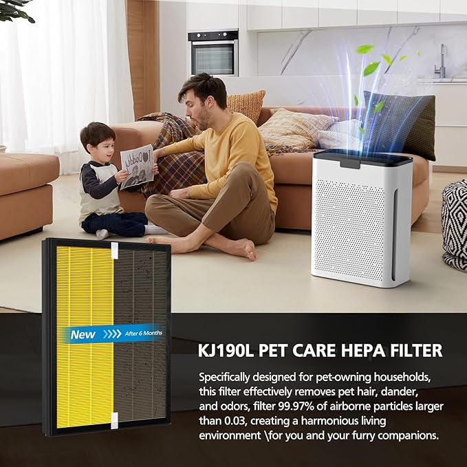 KJ190L Pet Care Washable Filter For MOOKA KJ190L Air Purifier, 3 Stage Filtration KJ190 Filter Removes Pollen Smoke Pet Hair Dust, More Activated Carbon For Pet Odor and Dander, 2 PACK for Pets