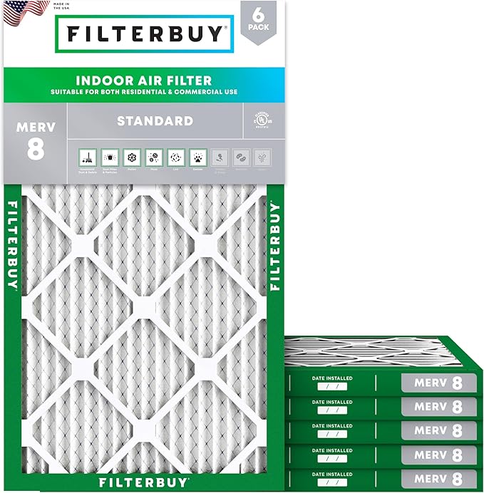 Filterbuy 16x32x1 Air Filter MERV 8 Essential Dust & Allergy Defense (6-Pack), Electrostatic Pleated HVAC AC Furnace Filters Replacement, Made in USA (Actual Size: 15.50 x 31.50 x 0.75)