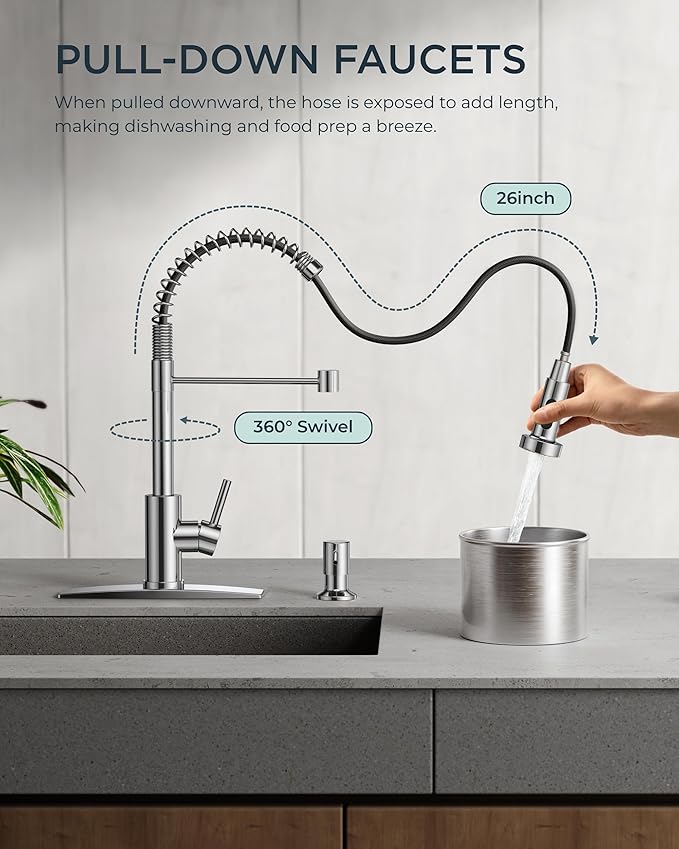 FORIOUS Kitchen Faucet with Pull Down Sprayer, Stainless Steel Commercial Single Handle Classic Spring Pull Out Sink Faucet for Pot Filler, Farmhouse Camper Bar Laundry Room, Chrome