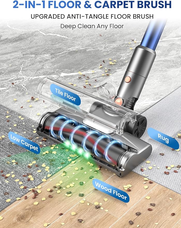 Dzaki Cordless Stick Vacuum Cleaner, 50KPa Brushless Motor Vacuum with Anti-Tangle, LED Display, 55-Min Runtime & Detachable Battery for Pet Hair, Carpet & Hardwood Floors
