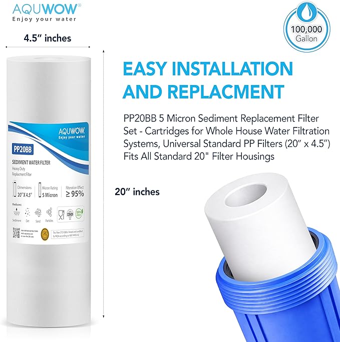 PP20BB 5 Micron 4.5" x 20" Filter Set – Sediment Replacement Cartridges for Whole House Water Filtration Systems, Universal Standard PP Filters (6, 20 x 4.5)