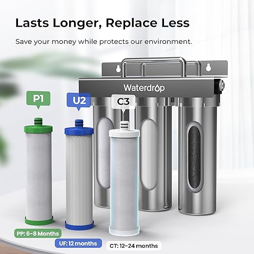Waterdrop TST-B 0.01 Micron Ultra Filtration Under Sink Water Filter, 3-Stage Stainless Steel Under Sink Water Filtration System with Dedicated Faucet, Removes Chlorine, Taste&Odor (Drilling Required)