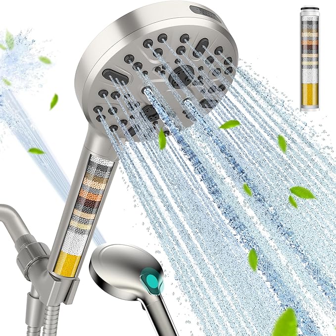 Filtered Shower Head with Handheld - High Pressure 9 Spray Modes Showerhead with 16-Stage Water Softener for Hard Water - Purifying Detachable Hand Held Shower Head, Brushed Nickel